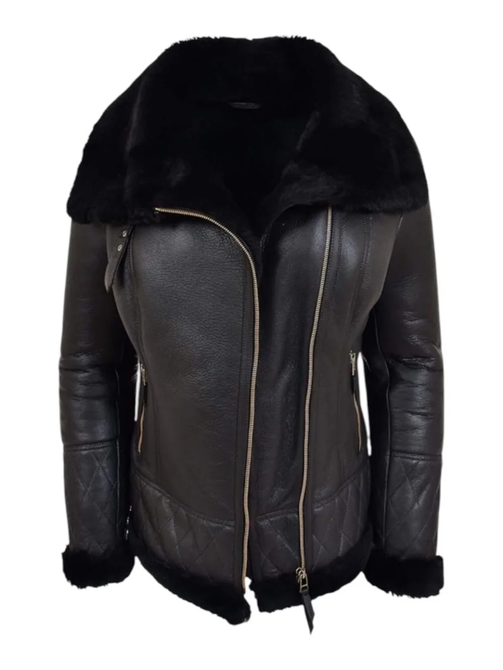 Shearling Aviator Jacket Womens Black 100% Sheepskin Leather B3 Bomber Coat XL - Picture 3 of 10